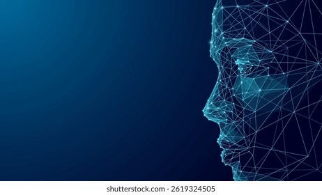 Abstract digital artwork of AI human face and robot head in low poly wireframe. Symbol of technology, artificial intelligence, and future innovation.