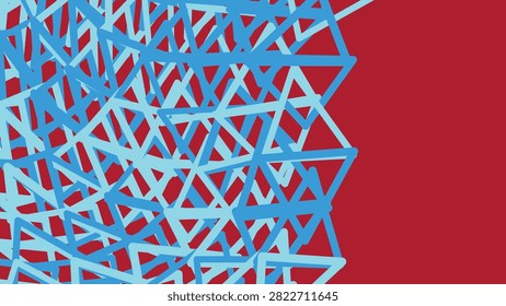 An abstract digital artwork featuring a dense, overlapping mesh of light and dark blue triangles set against a solid deep red background.