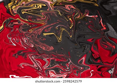 An abstract digital artwork featuring a fluid, swirling pattern with dominant shades of red, black, gold, and white.