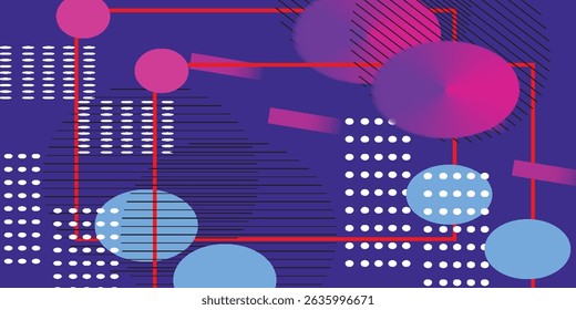 abstract digital artwork featuring geometric shapes and spheres with a gradient of blue, pink, and purple hues, creating a neon glow effect. modern and minimalist design background..