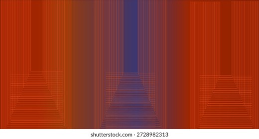Abstract digital artwork featuring a symmetrical tunnel-like composition created with layered geometric lines and gradients. Dominated by warm red tones combined with cool blue accents, this modern background conveys depth, perspective, and futuristic visual aesthetics. Suitable for technology, digital art, creative design, and conceptual backgrounds.