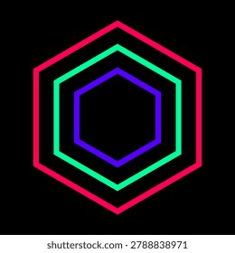 Abstract digital artwork featuring three nested hexagonal outlines with neon gradient colors glowing against a solid pitch black square background.