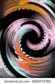 Abstract digital artwork featuring vibrant swirling lines in pastel pink, cyan, orange, and gold against a deep black background. Dynamic motion, modern geometric design, and bold visual energy create a striking contemporary composition.