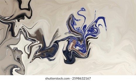 An abstract digital artwork with fluid, swirling patterns in beige, brown, navy blue, and black tones. The composition features organic, flowing shapes resembling liquid movement or marbled textures.