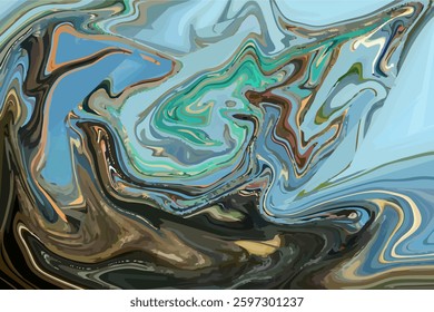 an abstract digital artwork with swirling patterns and fluid shapes in shades of blue, brown, and green. 
