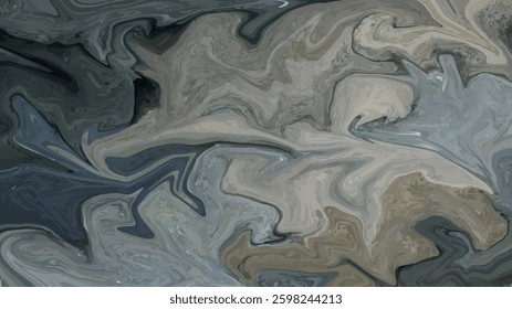 An abstract digital artwork with swirling patterns in shades of gray, beige, and dark blue.