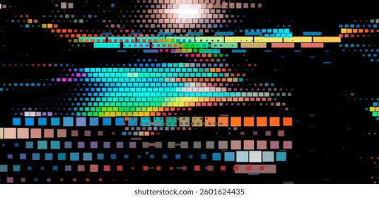 Abstract digital artwork with vibrant, multicolored glitchy squares on a black background. The pattern creates a dynamic and pixelated effect, emphasizing a modern and tech-inspired aesthetic.