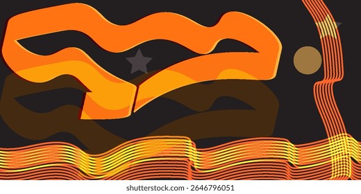 Abstract digital artwork with wavy orange and yellow lines on a dark background, featuring geometric shapes like stars and circles.