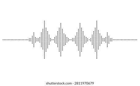 Abstract digital audio sound wave vector illustration composed of symmetrical black dots on white background.