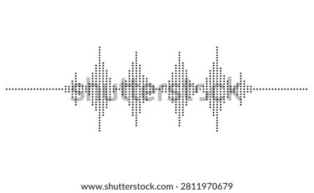 Abstract digital audio sound wave vector illustration composed of symmetrical black dots on white background.