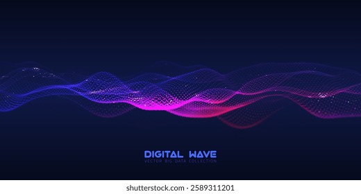 Abstract digital audio wave of particles with bokeh. Futuristic AI technology. Cyber data flow vector concept.