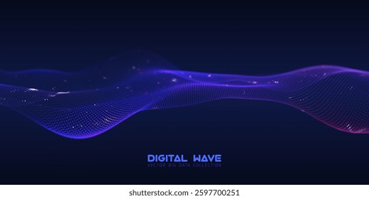Abstract digital audio wave of particles with bokeh. Futuristic AI technology. Cyber data flow vector concept.