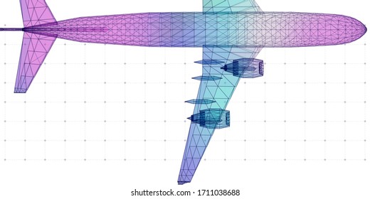 Abstract digital background with 3d grid color airplane. Wireframe mesh plane concept. Travel, tourism, transport.