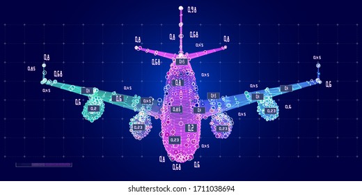 Abstract digital background with 3d grid airplane and data. Wireframe mesh plane analytical concept engineering. Travel, tourism, transport. Big data.