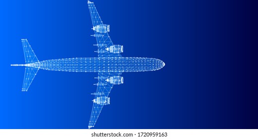 Abstract digital background with 3d grid airplane. Wireframe mesh plane concept. Travel, tourism, transport.