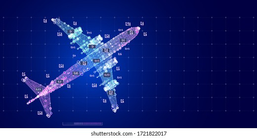 Abstract digital background with 3d grid airplane and data. Wireframe mesh plane analytical concept engineering. Big data. Travel, tourism, transport. 
