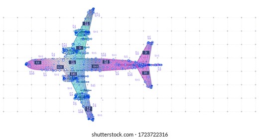 Abstract digital background with 3d grid airplane and data on white. Big data.  Wireframe mesh plane analytical concept engineering. Travel, tourism, transport. 