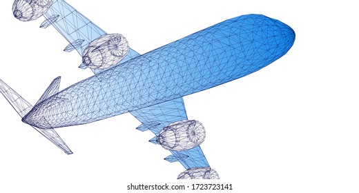 Abstract digital background with 3d grid blue airplane on white. Wireframe mesh plane concept.  Banner for  travel, tourism, transport.