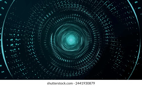 Abstract digital background. Big data visualization. Circular rotation of a fantastic circle of multi-colored particles and lines. Beautiful colored spiral. 3D vector illustration