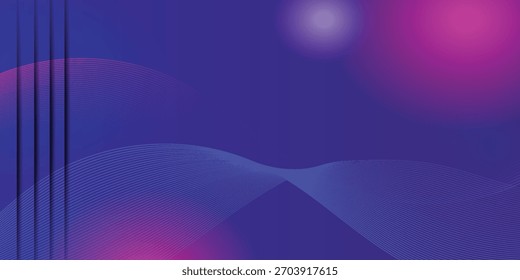 Un fondo digital abstracto con un degradado azul y púrpura, con líneas onduladas que fluyen, orbes suaves y paneles en capas de Vertical a la izquierda.