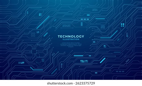 Abstract digital background with circuit line elements in technology blue. Circuit board vector illustration. Tech network bg with text in the center. Great for web banners.