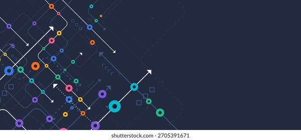 Abstract digital background with colorful circular nodes, arrows, and connecting lines on dark blue. Represents data flow, network paths, and technology-driven direction in a dynamic, modern layout.
