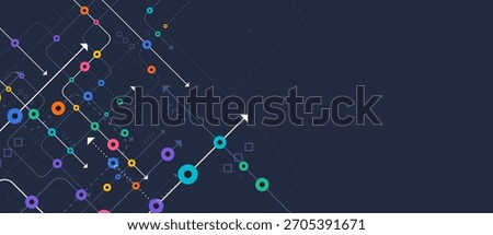 Abstract digital background with colorful circular nodes, arrows, and connecting lines on dark blue. Represents data flow, network paths, and technology-driven direction in a dynamic, modern layout.