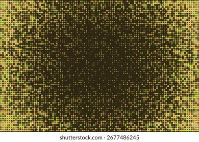 Abstract digital background with colorful halftone dots creating a vibrant gradient effect. Modern pixelated texture in shades of green, yellow, and brown, fading towards the center.