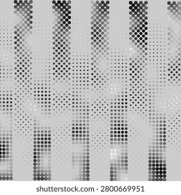 An abstract digital background created from a multitude of glowing dots, assembled into geometric vertical structures in black and white. The illustration is ideal for technology and multimedia projects.