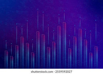 An abstract digital background with a dark purple color palette featuring a dynamic display of vertical blue lines and red dots.