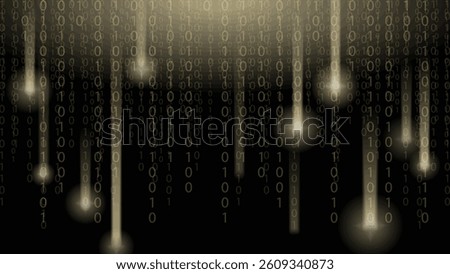 Abstract digital background with falling binary code and glowing light beams. Concept of data flow, hacking, programming, and technology.