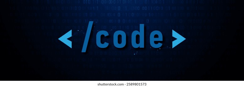 Abstract digital background featuring blue coding symbols with binary numbers on a dark tech-inspired backdrop