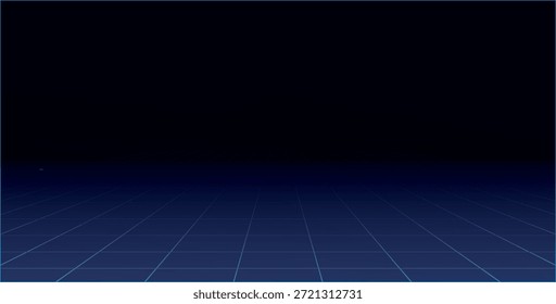 An abstract digital background featuring a dark void transitioning into a glowing blue grid floor that recedes into the distance, perfect for futuristic themes, technology, or cyberspace