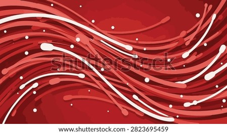 Abstract digital background featuring dynamic wavy streaks in shades of red and white with scattered circular dots, 3D flowing curved lines, and high-contrast graphic design.