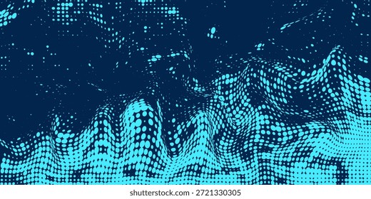 Abstract digital background featuring flowing wave patterns made of glowing blue dots on a dark background.