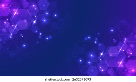 Arrière-plan numérique Abstrait avec des formes hexagonales scintillantes sur fond dégradé bleu à violet, et des effets scintillants. Illustration vectorielle