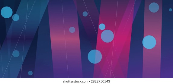 An abstract digital background featuring overlapping vertical translucent stripes in shades of blue and magenta with floating circular bokeh elements.