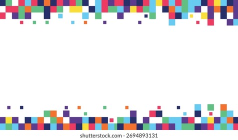 Abstract digital background featuring playful, vibrant pixel art borders at the top and bottom on a clean white canvas.