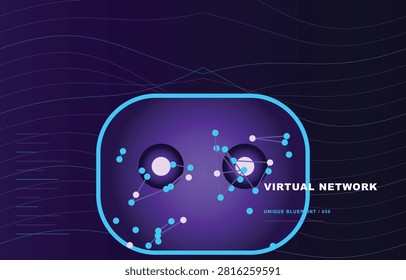 Abstract digital background featuring a virtual network concept with glowing nodes and lines on a dark purple gradient.