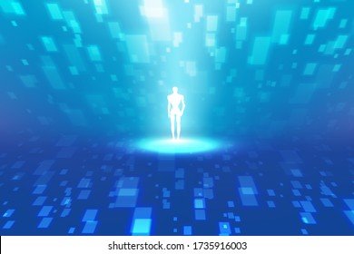 Abstract Digital Background With Floating Matrix Squares And The Man From The Future. Future Design Backgrond.