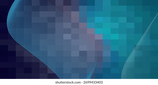An abstract digital background with flowing blue lines over a pixelated grid of teal and purple squares, creating a sense of modern technology and movement.