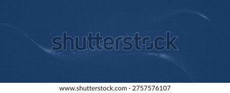 Abstract digital background with a flowing wave pattern made of glowing blue dots on a dark blue backdrop, representing data flow or network connectivity.