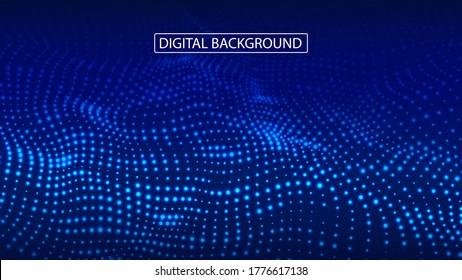 Abstract digital background of glow particles. Color music sound wave. Vector technology dynamic dots background.