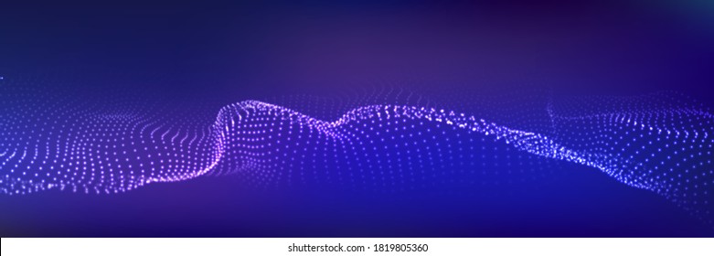 Abstract digital background of glow particles. Color music sound wave. Vector technology dynamic dots background.
