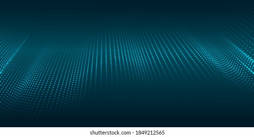 Abstract digital background of glow particles. Color music sound wave. Vector technology dynamic dots background.