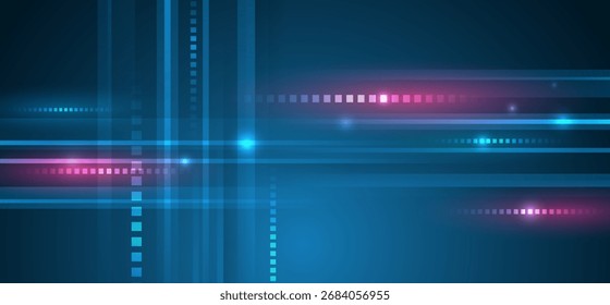 Abstract digital background with glowing blue and pink squares, a grid, and futuristic lighting effects is perfect for technology, innovation, and modern design. Data transfer and analysis.