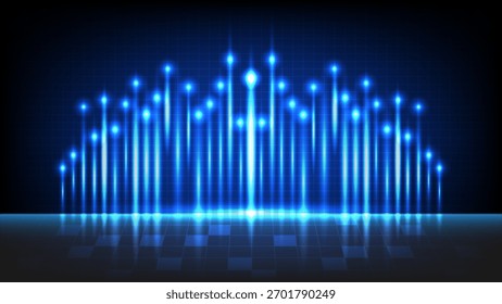 Abstrakter digitaler Hintergrund mit leuchtend blauen Neonlichtbalken und Reflexion, perfekt für Technologiethemen