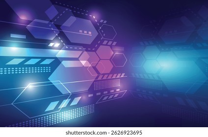 Abstrakter digitaler Hintergrund mit leuchtenden Sechsecken und Tech-Mustern in blauen und violetten Tönen.