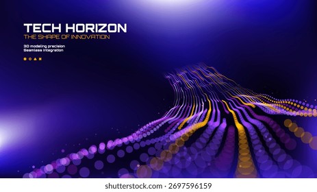 Abstract digital background with glowing purple and yellow dots arranged in wavy lines, representing data flow. Technology concept.