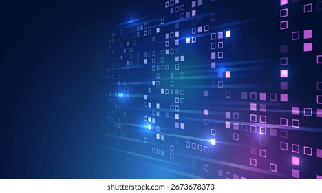 Fundo digital abstrato com quadrados brilhantes, fluxos de dados e efeitos de luz futurista em tons de azul e roxo. Perfeito para tecnologia, big data e conceitos cibernéticos. Para apresentações de alta tecnologia